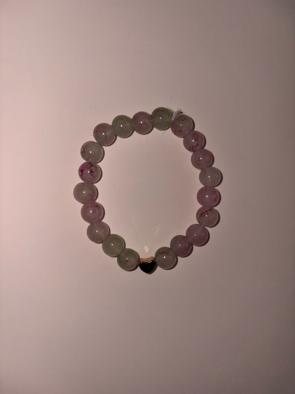 Handmade Gold Heart Pink-Green Beaded Stretch Bracelet